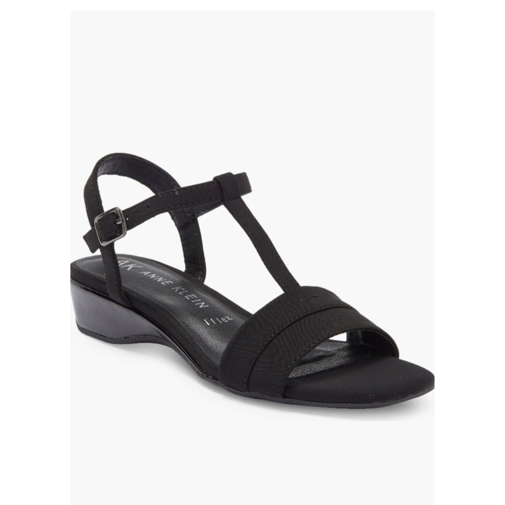 ANNE KLEIN Valeta Low Wedge‎ Women's Sandal In Black size 7.5 With Ankle Buckle